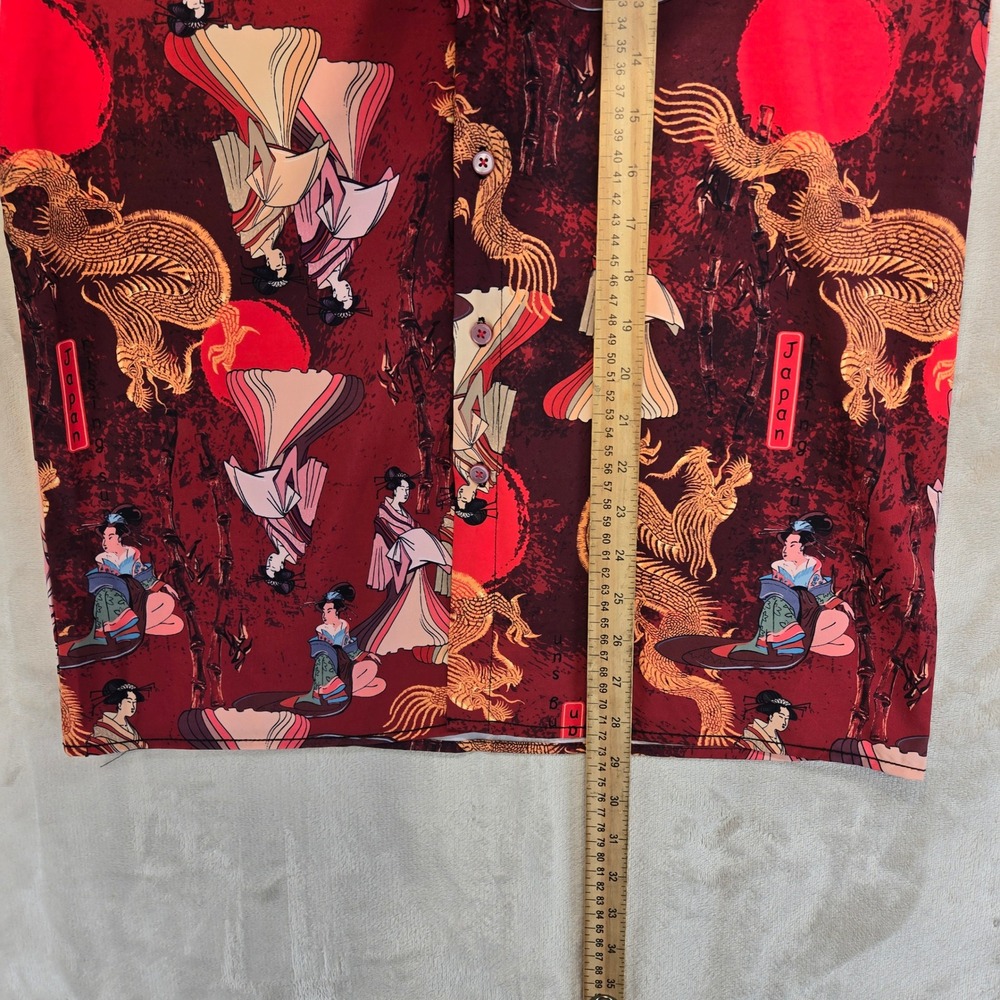Fresh Prints Button Down Shirt Mens Small Red Excellent Japanese Dragon Geisha - Picture 3 of 6